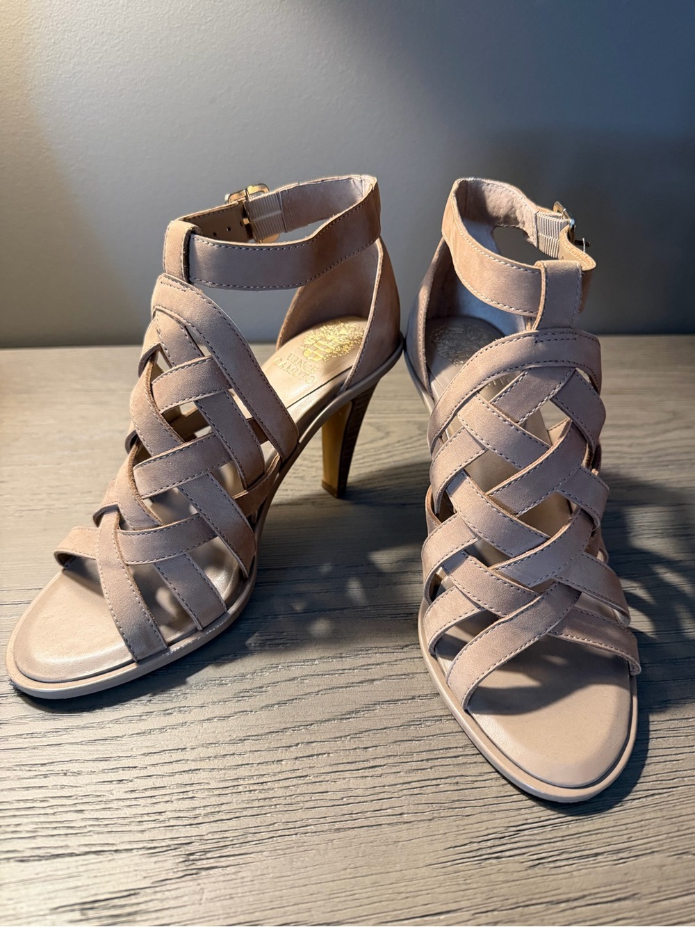 Vince Camuto Nude Taupe Frelly Strappy High Block Heels